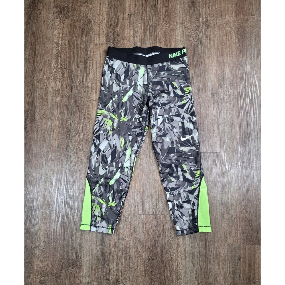 Nike Pro Dri Fit Capri Leggings Womens L Painted Palms Volt Compression Crop